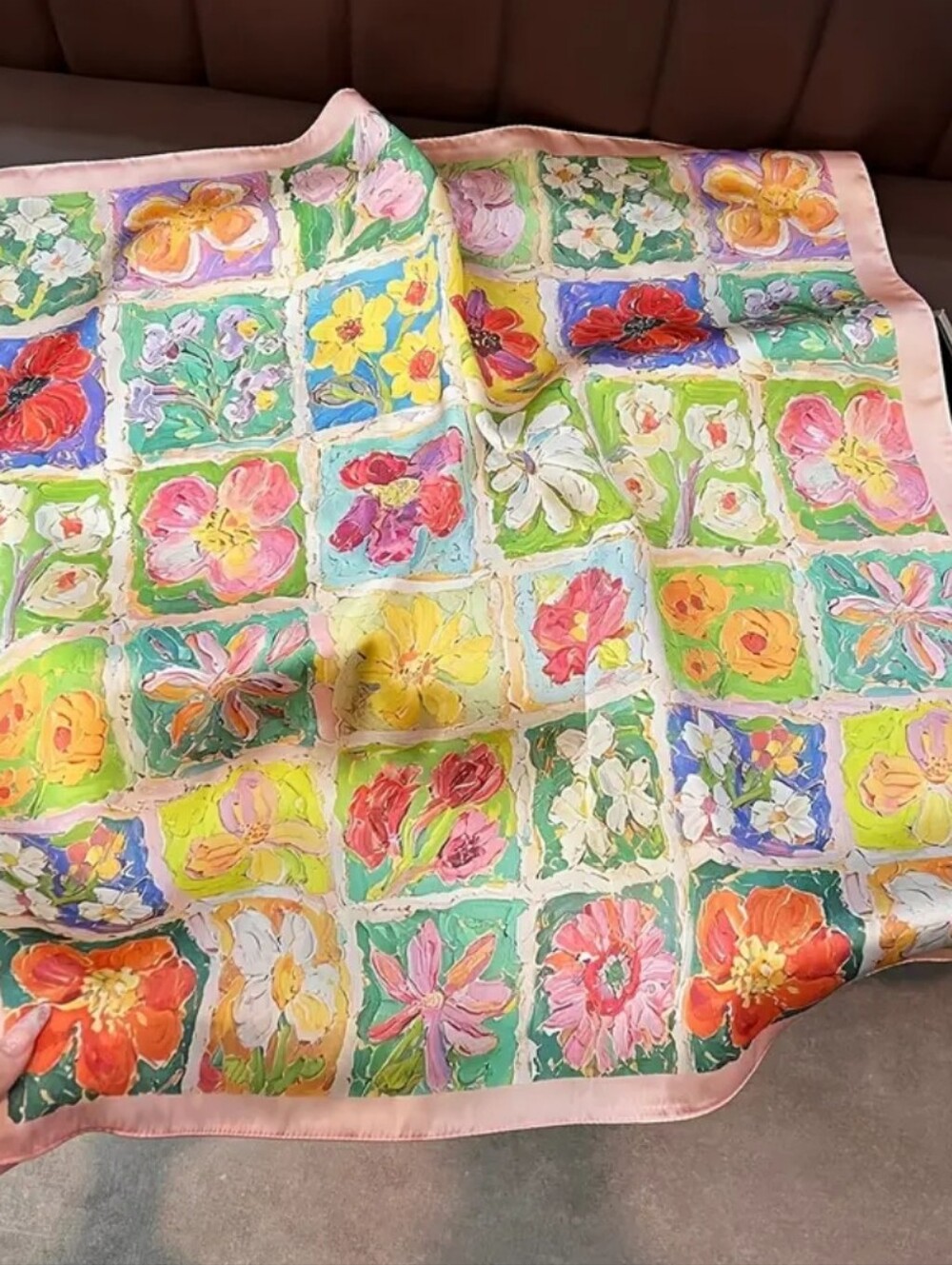 Floral Patchwork Satin Scarf in Multicolor